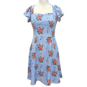 Aulala Design Blue Snow Blossom Floral Print Midi Dress Short Sleeve Size 4 NWT